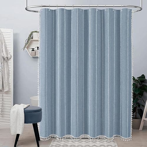 BTTN Boho Farmhouse Shower Curtain, Linen Rustic Weighted Striped Fabric Shower Curtain Set with Tassel, Water Repellent, Bohemian Vintage Country Cloth Shower Curtains for Bathroom, Blue, 72x72 thumbnail 3