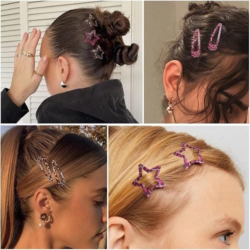 Metal Snap Hair Clips,8 Pairs Hair Barrettes for Women - Star & Water Drop Hair Barrettes, Non-Slip Y2K Accessories for Thin Thick Hair,Pink and Brown Leopard Print thumbnail 6