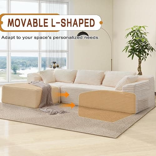 Korser 110" L-Shaped Modular Sectional Sofa with Chaise, Boneless Comfy Corduroy Fluffy Couch with Deep Seat and Side Pockets, Flexible Module Combination for Living Room, No Assembly, Side Pockets thumbnail 7