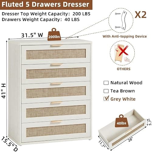 LEYAOYAO Rattan Dresser for Bedroom 41" Tall Chest of Drawers, Modern 5 Drawers Boho Dressers with Storage, Light Oak Dresser Wooden Closet Organizer for Living Room, Hallway, Grey White thumbnail 2