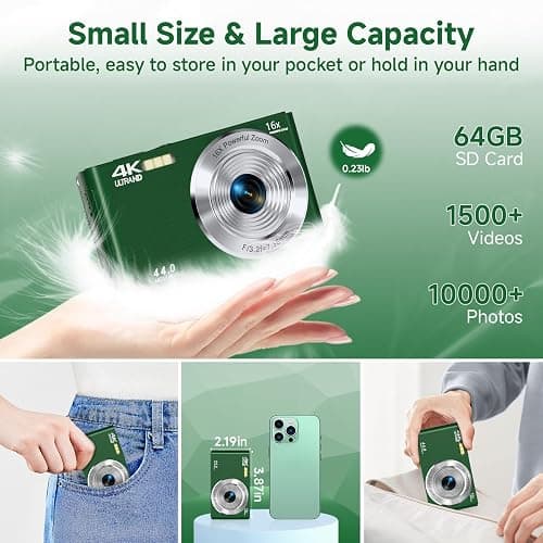 Digital Camera, FHD 4K 44MP Autofocus Compact Digital Cameras for Teens, Green Point and Shoot Camera for Kids with 16X Zoom, 64GB SD Card, Small Digital Camera for Boys Girls Teens Kids Gift thumbnail 6