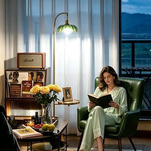 WELAISA Glass Floor Lamp with Table and Shelves, Gold | Remote Dimmable, Boho Brass Tall Lamp, Vintage Farmhouse Arc, Green Flower Design thumbnail 8
