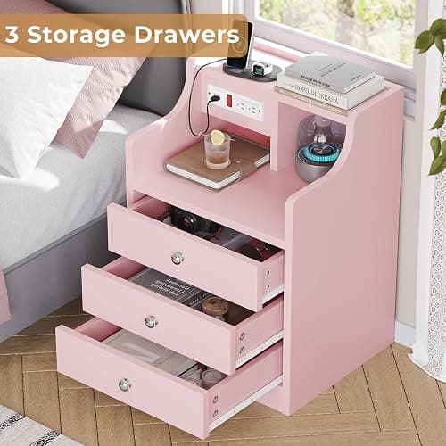 ADORNEVE Night Stand Set 2,Pink Nightstand with Charging Station & Hutch,Night Stands for Bedrooms Set of 2,Bedside Table with Drawers - 2PC - Pink thumbnail 5