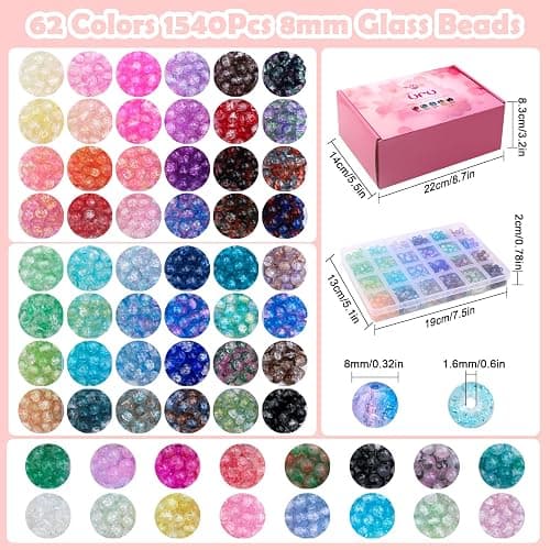 UFU 8mm Glass Beads Bracelet Making Kit, 1540+ Pcs 62 Colors Crackle Glass Beads for Jewelry Making, Round Crystal Beads for Bracelets Necklace Earrings DIY Crafts Gifts thumbnail 3