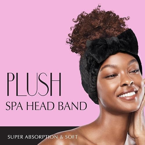 Red by Kiss Spa Headband for Washing Face Facial Makeup Bow Head Band Soft Plush Fleece Stretchy Head Wraps for Women Shower Bath Washing Face Mask (BLACK) thumbnail 5