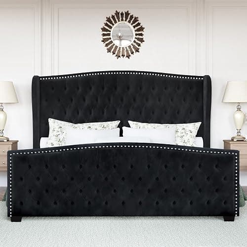 Jocisland Queen Platform Bed Frame with Wingback Headboard, Velvet Upholstered Bed Frame with Handmade Button Tufted & Nailhead, Wooden Slats Support, Black thumbnail 4