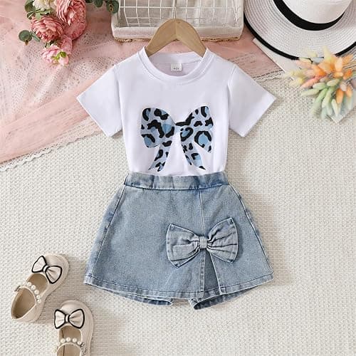 Azmxynol kid Young Girl Clothes Outfits Cute Sweet Bowknot Print T-Shirt + Bowknot 2 In 1 Denim Short Summer Clothing Set thumbnail 7