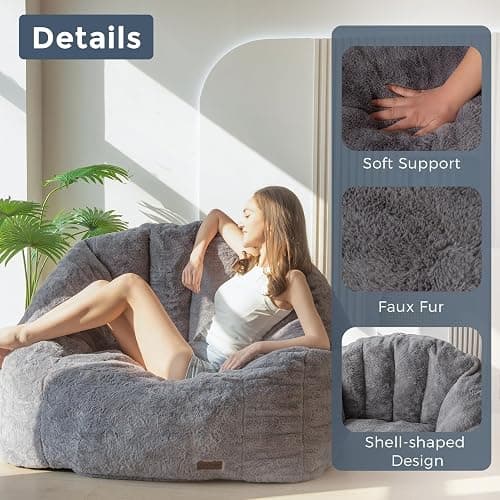 MAXYOYO Giant Bean Bag Chair, Oversized Bean Bag Couch for Adults and Kids, Faux Fur Shell-Shaped Large Chair with Filler, Stuffed Big Accent Sofa Lounge Floor Sofa for Gaming, Reading, Dark Grey thumbnail 6