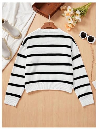 MakeMeChic Girl's Striped Sweater Long Sleeve Colorblock Roundneck Drop Shoulder Knit Loose Pullovers thumbnail 2