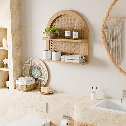 Eostbe Rattan Wall Shelf Boho Nursery Decor - 2-Tier Arched Woven Natural Wood Wicker Wall Shelf, 16''L Neutral Handcrafted Rattan Nursery Shelf, Decorative Shelf for Living Room,Bedroom & Bathroom thumbnail 7