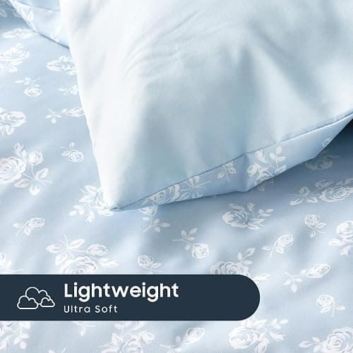 Wake In Cloud - Floral Comforter Set, Coquette Cottagecore Aesthetic Flower Shabby Chic Pattern for Women Teen Girls, Soft Lightweight Bedding, 3 Pieces, Light Blue, Twin/Twin XL Size thumbnail 7