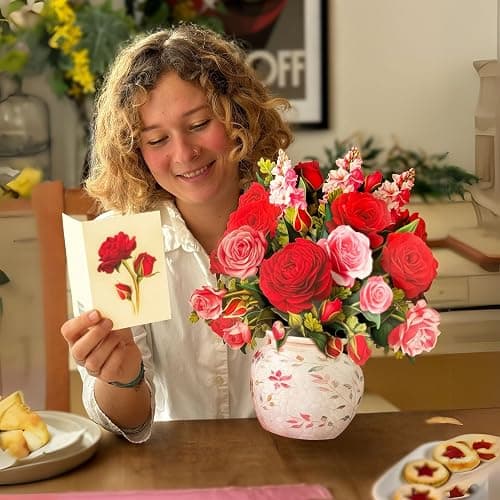 Freshcut Paper Pop Up Cards, Blooming Roses, 12 Inch Life Sized Forever Flower Bouquet 3D Popup Greeting Cards, Valentine's Day, Anniversary Card, Blank Notecard & Envelope - Blooming Roses thumbnail 6