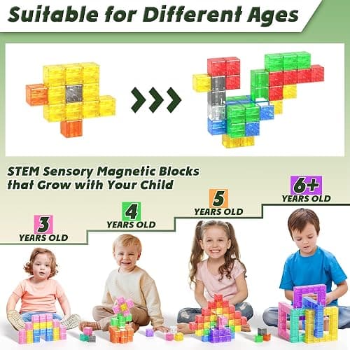 Magnetic Blocks Building Toys - Transparent Rainbow Magnetic Cubes Set, Outdoor Sensory Autism STEM Toys Gifts for Kids Aged 3+ Year Old Boys & Girls thumbnail 3
