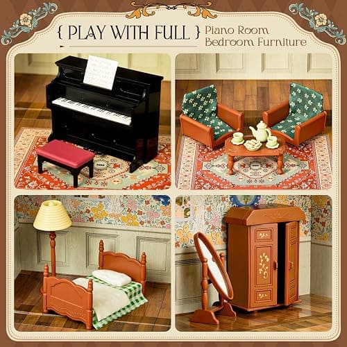 Dollhouse Bedroom Furniture Accessories Suitcase Set for Kids, 2 Flexible Dolls/Table/Bed/Bedclothes/Floor Lamp/Safety Mirror/Wardrobe/Piano/Stool, Pretend Play Christmas Birthday Gift for Girls 3+ thumbnail 4