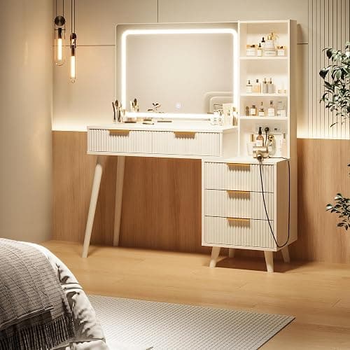 Vanity Desk with Mirror and Lights, Makeup Vanity Desk with Power Outlet, Makeup Desk with 5 Drawers&Storage Shelves, Vanity Table 3 Color Modes Adjustable Brightness Dressing Table Set for Bedroom thumbnail 3