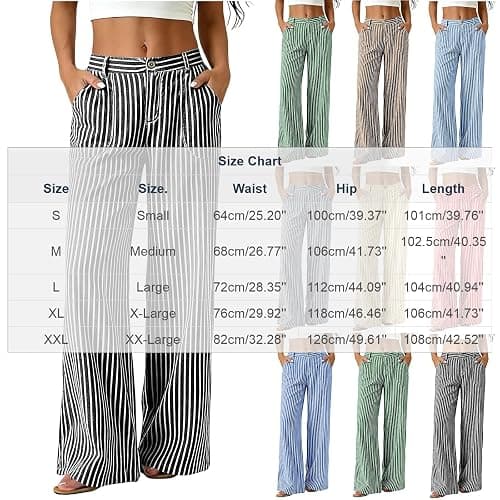 Wkishenl Fashion Striped Linen Pants for Women High Waisted Straight Leg Palazzo Trousers Casual Wide Leg Pant with Pockets thumbnail 5