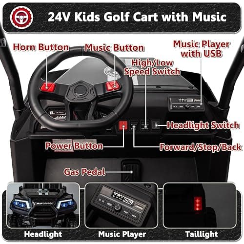 karbost 24V 7AH Ride on Car with Parent Remote Control, 4 Seater Kids Ride on Golf Cart with Plastic Roof, 4WD Ride on Toys with EVA Tires, Gas Pedal, Music Player, Horn (Black) thumbnail 5