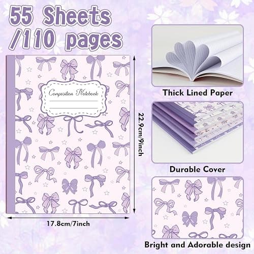 Lebsitey 6 Pack Purple Bow Composition Notebooks, Cute Preppy Coquette Notebook, 9-3/4 x 7-1/2" Aesthetic College Ruled Journal, Back to School Gifts Preppy School Supplies, 110 Pages thumbnail 3