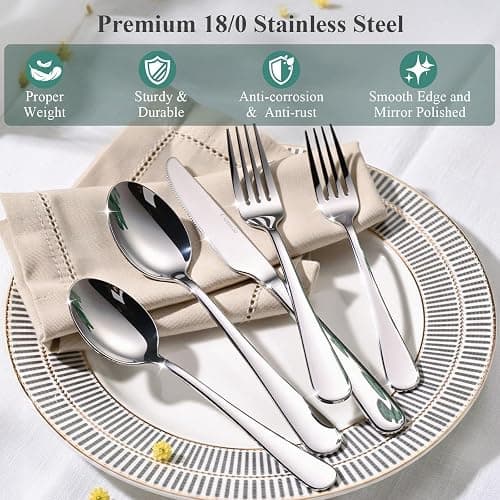 Csoravist 49-Piece Silverware Set with Bamboo Organizer for 8, Heavy-Duty Stainless Steel Flatware Set with Steak Knives, Rust-Proof & Mirror Polished, Dishwasher Safe(organizer is only for packaging) thumbnail 4