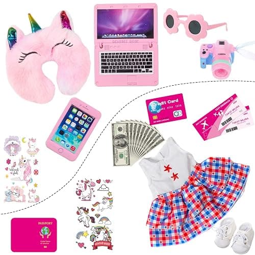 ZQDOLL American 18 inch Doll Clothes and Accessories - Travel Suitcase Play Set Including Suitcase Clothes, Shoes, Sunglasses, Camera, Unicorn Pillow, for 18 inch Doll(No Dolls) thumbnail 5
