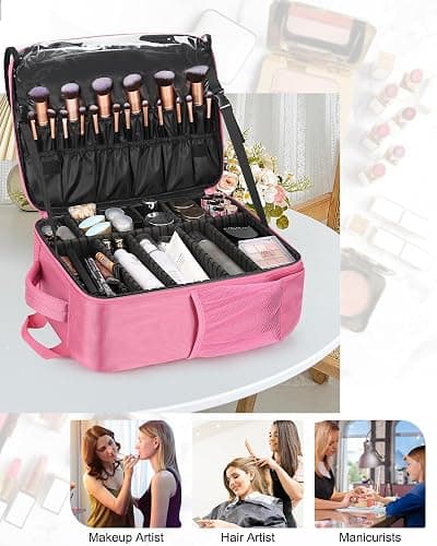 Relavel Makeup Backpack, Professional Travel Train Case Makeup Artist Kit Set Bag for Women Extra Large Cosmetic Organizer, Brush Storage Holder, with Adjustable High Dividers, Rose Pink thumbnail 6