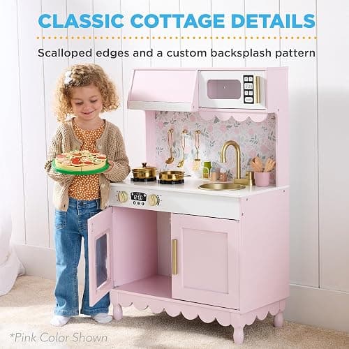 Best Choice Products Wooden Pretend Play Cottage Kitchen Kids Toy w/Storage, Scalloped Edge, 5 Accessories, Microwave, Oven, Clicking Knobs - Cream thumbnail 4