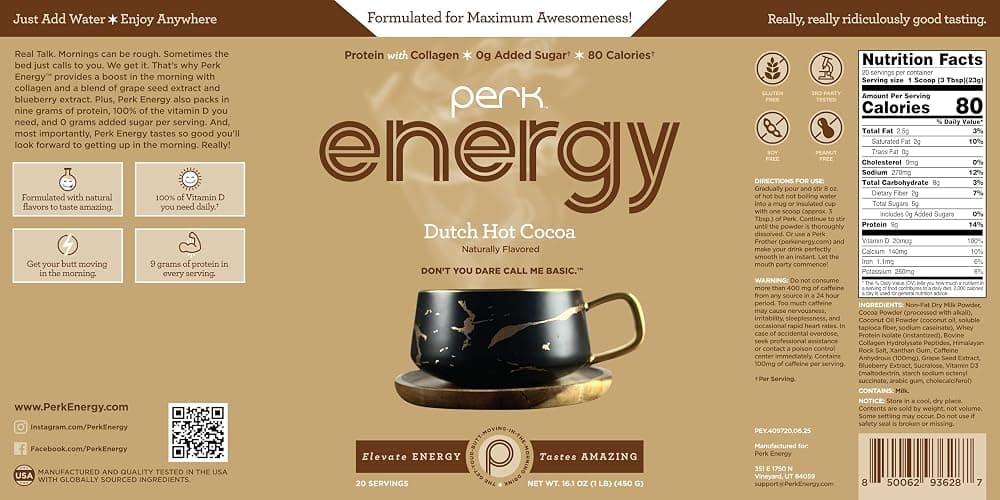 Perk Energy Drink Mix (Dutch Hot Cocoa) 20 Servings - Caffeinated Healthy Coffee Alternative with Protein, 100mg of Caffeine, Gluten-Free, Soy-Free, Peanut-Free thumbnail 6