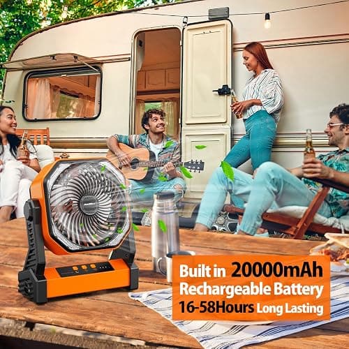 20000mAh Camping Fan, Rechargeable Battery Operated with 360° Rotatable Hook, 400 Lumes Light, 270° Pivot, 4 Speeds, 58Hrs Battery Powered Fan for Outdoor Tent Car Trip BBQ Hurricane Power Outages thumbnail 2