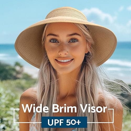NPJY Sun Hats for Women Wide Brim Roll-Up Beach Ponytail Hat Packable Foldable Travel Straw Visor thumbnail 3