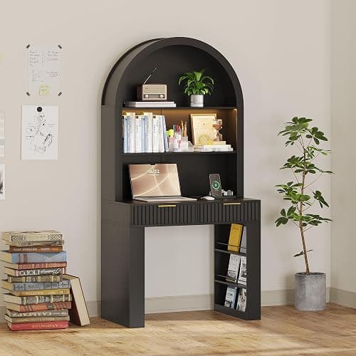 ZKIODV Arched Writing Desk with Hutch, Home Office Desk with 2 Drawers, Secretary Desk with Outlets, 3 Color LED Lights, Open Shelves, Computer Desk for Small Space, Bedroom 35.4" W x 70.8" H (Black) thumbnail 7