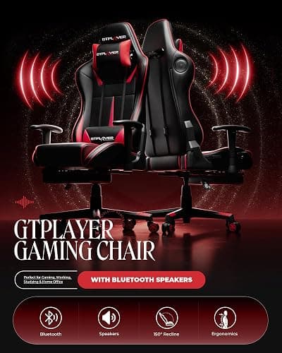 GTPLAYER Gaming Chair with Speakers, Video Game Chairs with Footrest, PC Gamer Chairs for Adults - Padded High Back Ergonomic Reclining Silla Gamer, Linkage Armrest, 909MF, Black-Red thumbnail 3