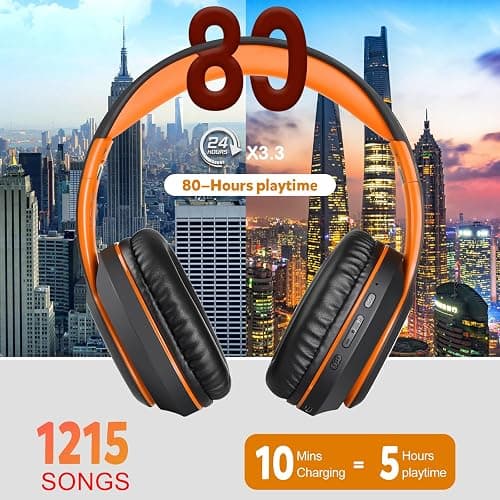 WorWoder Wireless Headphones Over Ear, 80 Hours Playtime Bluetooth Headphones, Hi-Fi Stereo Sound with Microphone, Lightweight Headset with Deep Bass for Travel Work PC Cellphone（Black-Orange） thumbnail 2