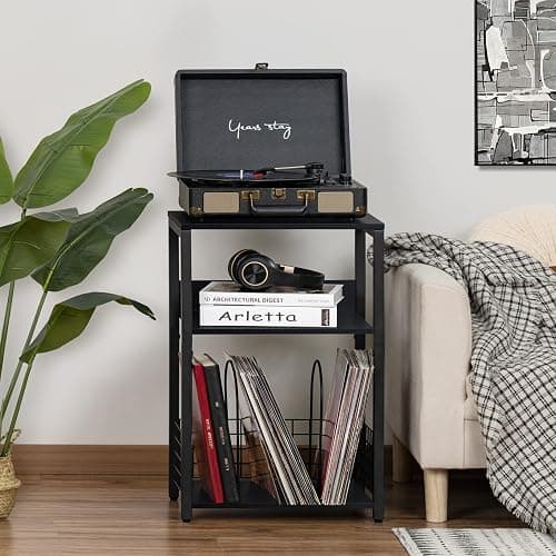 LELELINKY Black End Table, Small Side Table with Metal Frame,Modern Record Player Stand with Storage Shelf, Wood 3 Tier Sofa Bedside Tables, Narrow Nightstand for Living Room Bedroom Office thumbnail 2