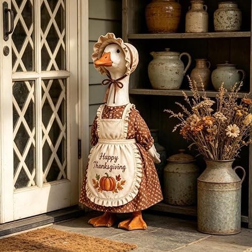 Gliswaieuznd Thanksgiving Pilgrim Porch Goose Outfits for 23'' Goose Statue | Fall Pumpkin Dress Goose Clothes, Pilgrim Costume, ''Happy Thanksgiving'' Apron, Bonnet, Autumn Yard Patio Garden Decor thumbnail 4