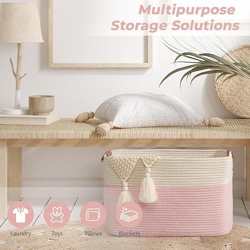 danpinera Large Woven Basket 25’’*16’’*16’’ Rectangle Woven Baskets for Storage, Storage for Living Room, Soft Cotton Rope Basket With Handle, Large Basket for Kids Dog Toys, 108L Pink+White thumbnail 7