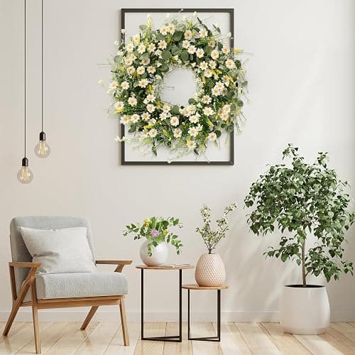 Sggvecsy White Daisy Wreath 24 Inch with Fake Silk Floral Green Eucalyptus Leaves and Lavender for Spring Summer Front Door Window Wall Wedding Farmhouse Festival Decor - White thumbnail 7