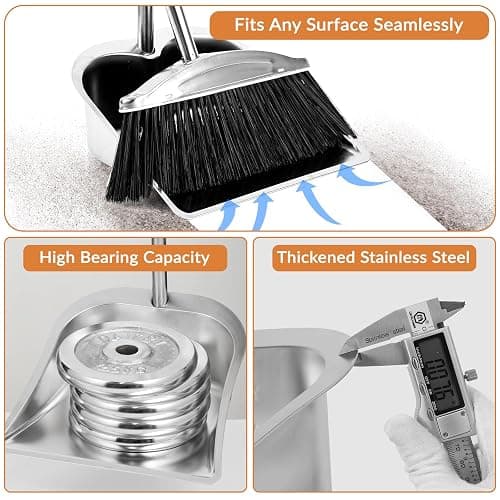 VOOWO Broom with Dustpan Combo Set, 46" Stainless Steel Broom and Dustpan Set for Home, Heavy Duty Dust Pan with Long Handle, Broom for Sweeping Indoor and Outdoor, Kitchen Broom and Dust Pan (Black) thumbnail 4