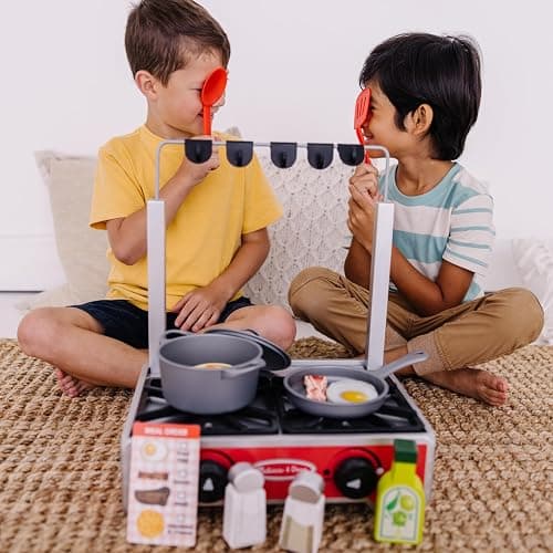 Melissa & Doug 19-Piece Deluxe Wooden Cooktop Set with Wooden Play Food, Durable Pot and Pan thumbnail 6