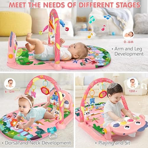 UMIKU Baby Play Mat Baby Tummy Time Mat Activity Center for Newborn Infant Piano Play Gym Mat Music & Light Babies Gifts Boy Girl for Babies 0-6 6-12 Months, Pink Dinosaur thumbnail 3