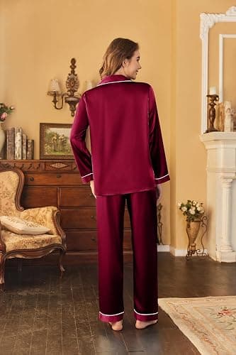 Ekouaer Women's Classic Button Down Long Satin Silk Pajama Set thumbnail 4