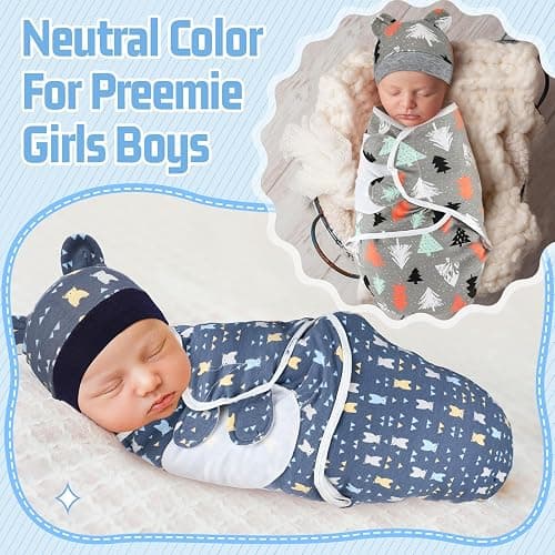 Buryeah 4 Pack Preemie Swaddle Blanket Wrap Set with Hat for Baby Boys Girls 3-7 Lbs Preemie Newborn Clothes Sleepers Cap thumbnail 5
