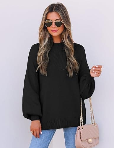 ZESICA Women's Casual Turtleneck Long Lantern Sleeve Fall 2025 Oversized Ribbed Knit Pullover Sweater Jumper Top thumbnail 3
