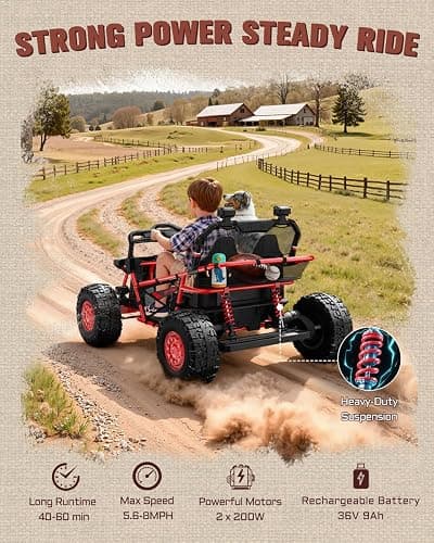 First Ride On 36V Kids Ride On UTV, 2-Seater 400W Electric Car for Kids 6+, 5-8 MPH Speed, 14" EVA Wheels, Metal Frame, Bluetooth Music, Rear Metal Suspension Off-Road Vehicle (Red) thumbnail 7