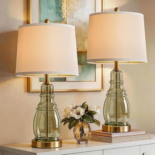 ROTTOGOON Glass Table Lamp Set of 2, Modern Table Lamps for Living Room Bedroom, Bedside Desk Lamps Vintage Nightstand Lamps with Linen Shades, 22", Green - Image 1