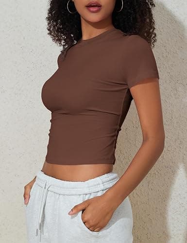 Hilor Women's Casual Basic T-Shirts Going Out Crop Tops Cotton Short Sleeve Tees Tight Fitted Crewneck T Shirts - Coffee - 6-8 thumbnail 8