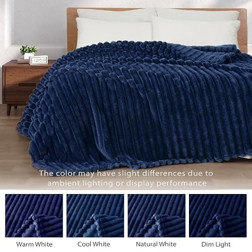 Exclusivo Mezcla Fleece Throw Blanket for Couch, Super Soft Striped Jacquard Bed Blanket, Lightweight Fuzzy Cozy for All Seasons, 50x60 Inches, Navy Blue thumbnail 4