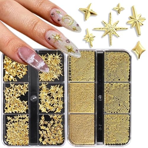 Fspronail Star Nail Charms, 2 Boxes Gold Nail Charms Twinkle Stars Cross Metal Charms for Nails Design Studs Rivets Mix Size Gold Caviar Nail Beads Y2K Decoration for Acrylic Nails - Image 1