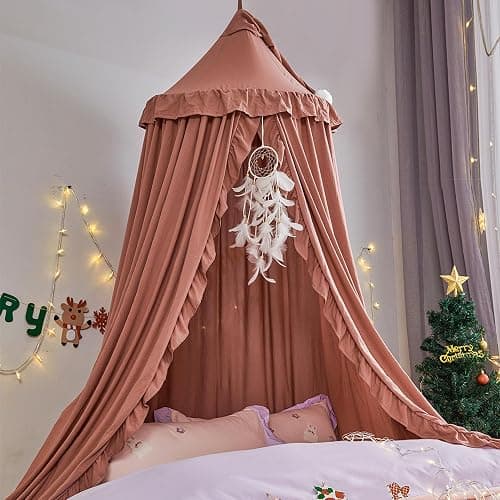 VETHIN Bed Canopy for Girls,Princess Round Dome Dreamy Mosquito Net Bedding Girls Room Castle Play Tent Hanging House Decor Reading Nook Canopies (JujubeRed) - Image 1