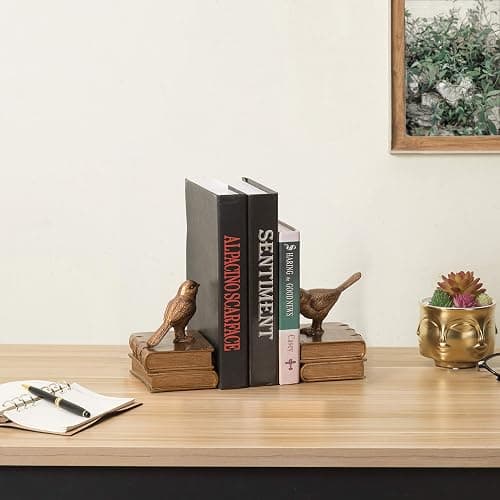 MyGift Gold Bird Bookends Decorative for Heavy Books, Brass Book Ends for Shelves, Vintage Resin Bookends, 1 Pair thumbnail 2