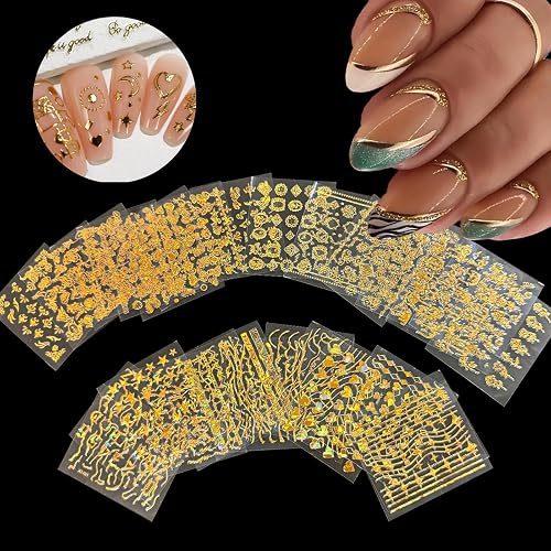 90 Sheets Nail Stickers for Nail Art, Flower Nail Art Stickers Gold Silver Line Star Floral Nail Decals for Nails Design, Aurora Nail Decor Nail Accessories for Women Girls thumbnail 5